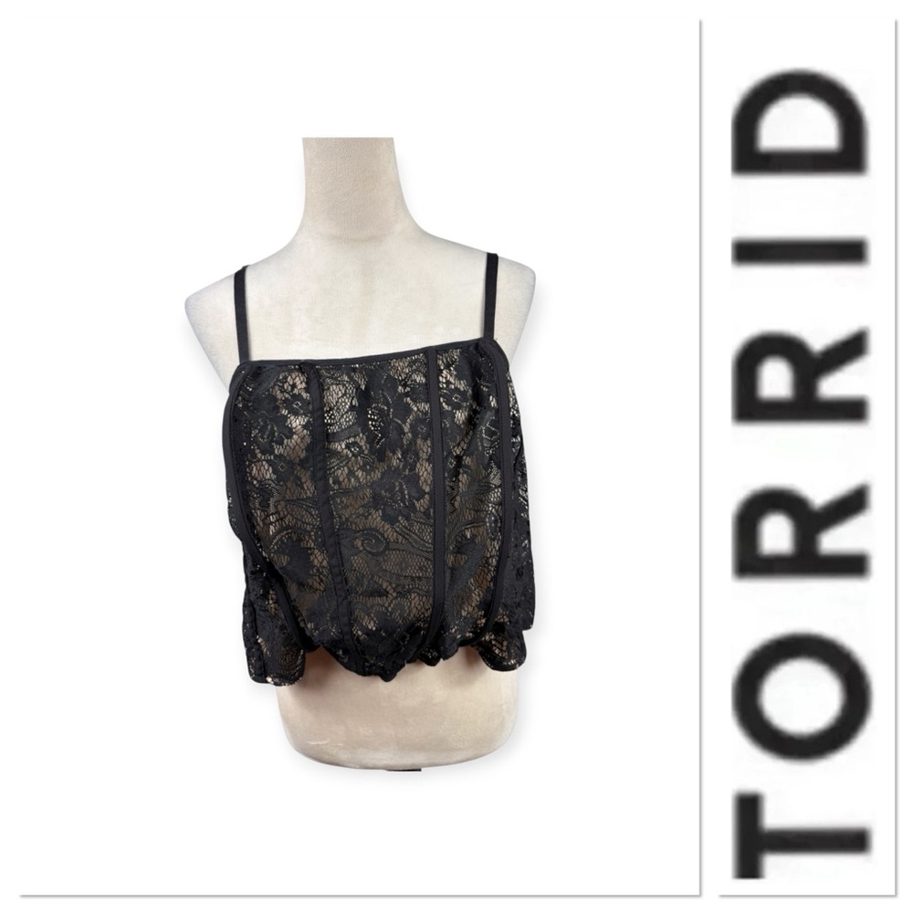 Torrid Corset Style Black Lace Over Nude lining Crop Top Size 2-2X/18-20